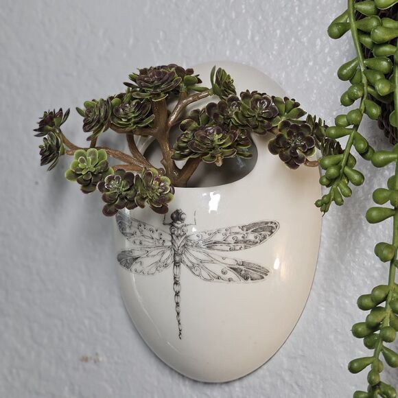 Vtg Wall Pocket Hanging Cream Ceramic Vase Container by Daphne Dragonfly Insect - Picture 4 of 12